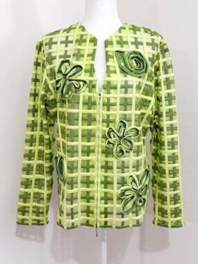 T & W Designs Lime Green Mesh Zip Jacket Floral Ribbon Design Women's Size XL